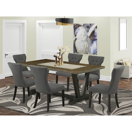 East West Furniture 7 Piece V-Style Dining Table Set - Dark Gotham Gray V677GA650-7